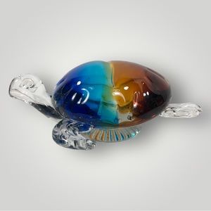 Glass Turtle Hand Blown Paperweight Vinci by Dynasty Gallery Blue Amber